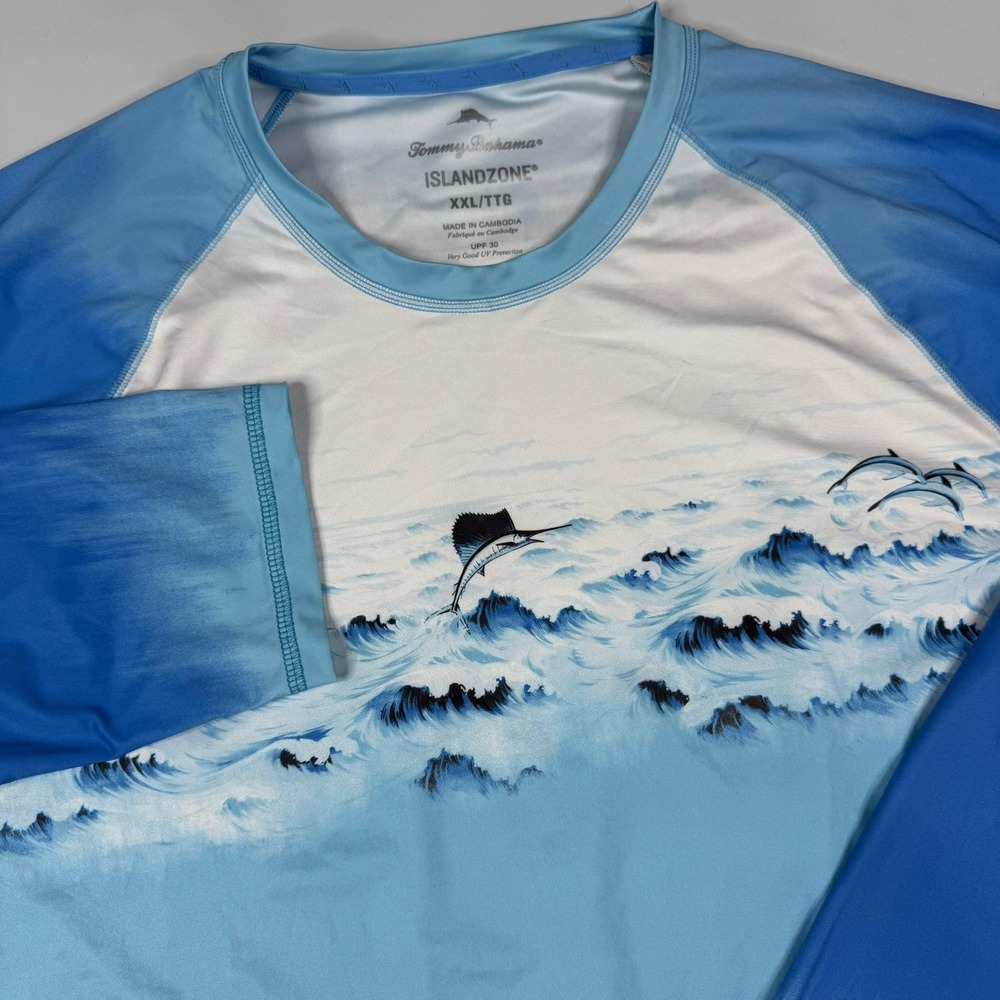 Tommy Bahama IslandZone Rash Guard‎ Mens XXL Blue Marlin Dolphin UPF 30 Shirt